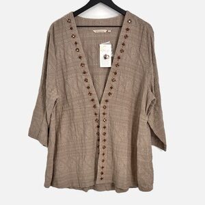 Soft Surroundings NWT Beaded Linen Cotton Cardigan Jacket Topper Taupe 2X